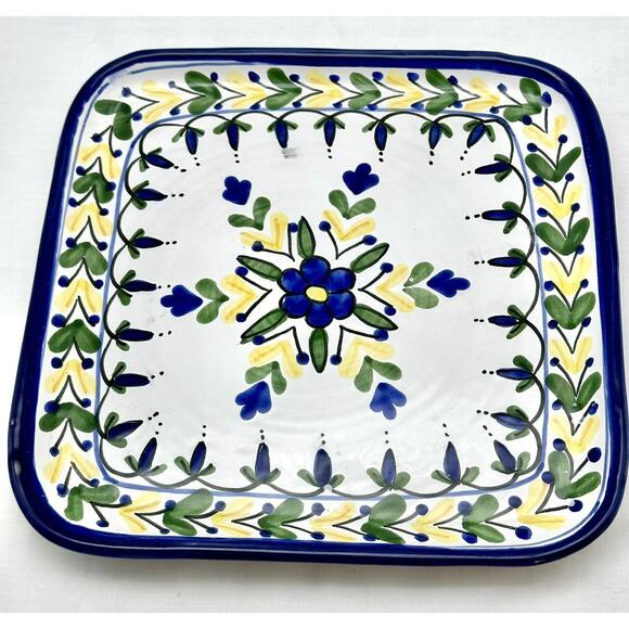 Le Souk Ceramique Tunisia Square Plate Hand Painted Pottery Blue/Yellow Flora - Picture 1 of 6